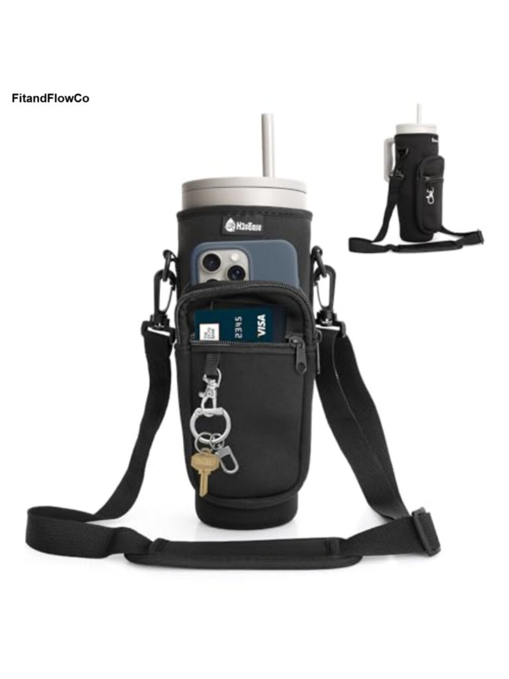 Insulated Neoprene Tumbler Carrier Bag with Phone Pocket & Strap